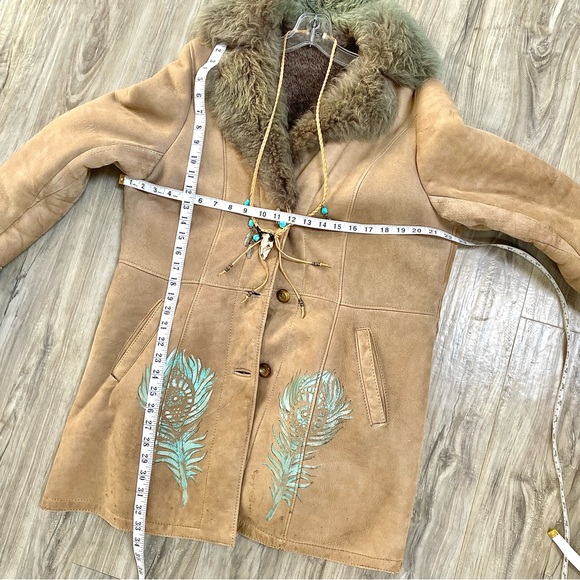 Handpainted Shearling rustic suede AQUA OMBRA leather Gypsy jacket blue feathers - Picture 12 of 15